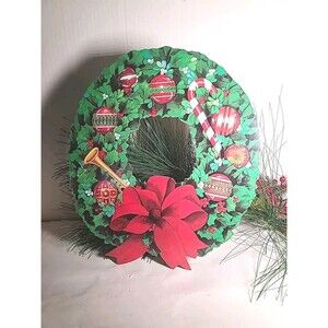 Vintage Laminated 2 Sided  Eureka Wreath Christmas DieCut Wall Hanging USA